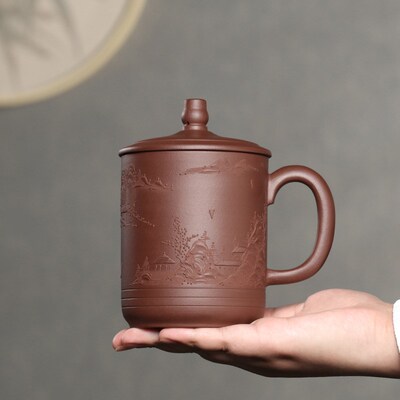 带隔舱紫砂杯茶水分离宜兴男士大容量茶杯盖杯家用紫泥茶具山河
