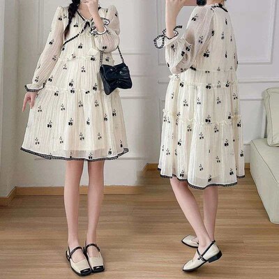 Autumn Maternity Dress Fashion Printed Ruffles Patchwork Pre