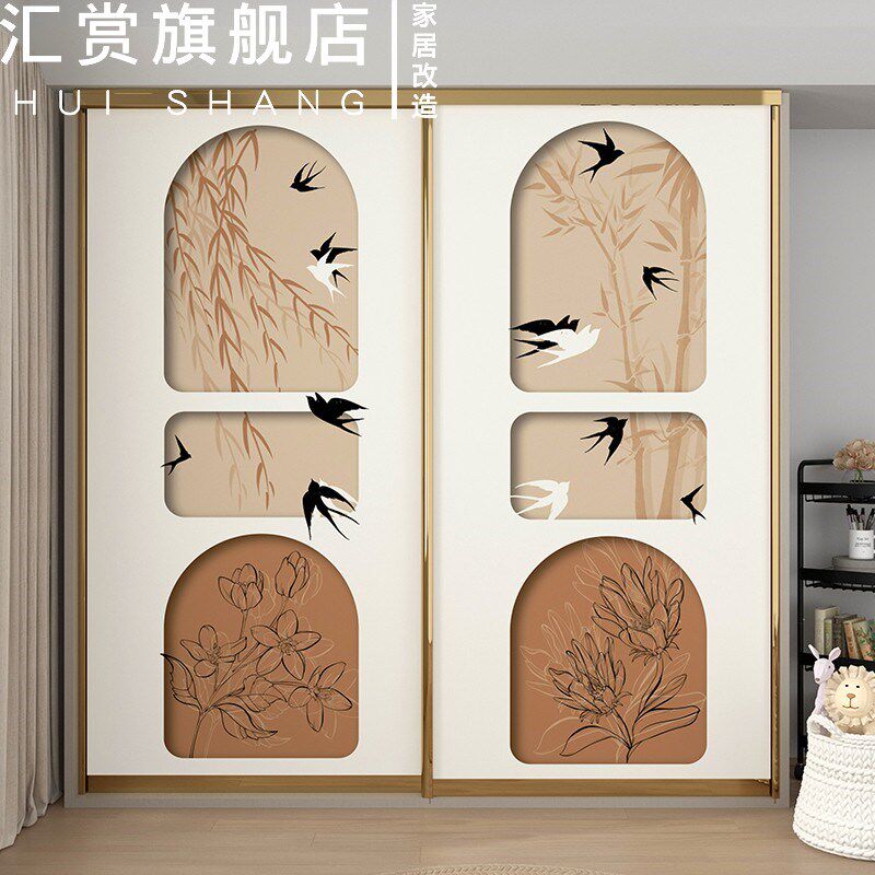 燕子衣柜门贴纸复古柜子推拉门自粘壁纸定制改造移门法式翻新贴画,家居饰品,门贴,淘宝优惠券,粉丝福利购,淘宝优惠卷