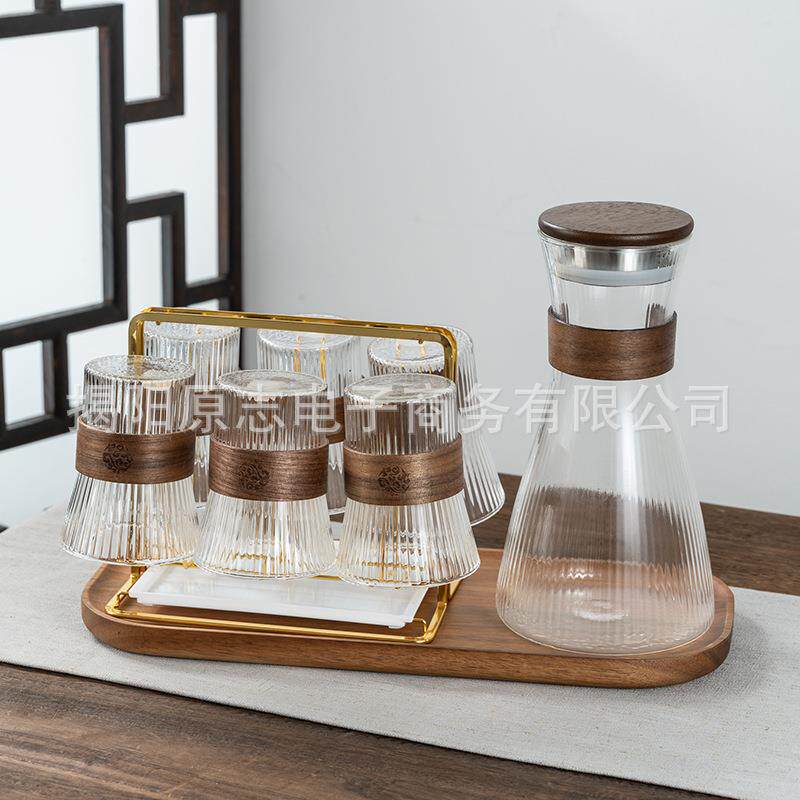家用耐高温高硼硅玻璃冷水壶带托盘茶水壶凉水壶果汁壶杯子套装