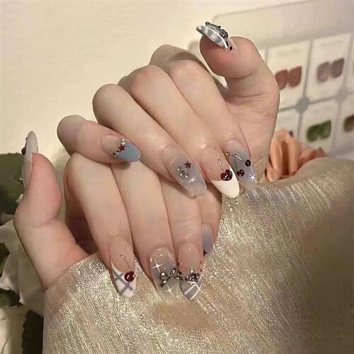 10Pcs Handmade Press on Nails French Almond Full Cover Cherr