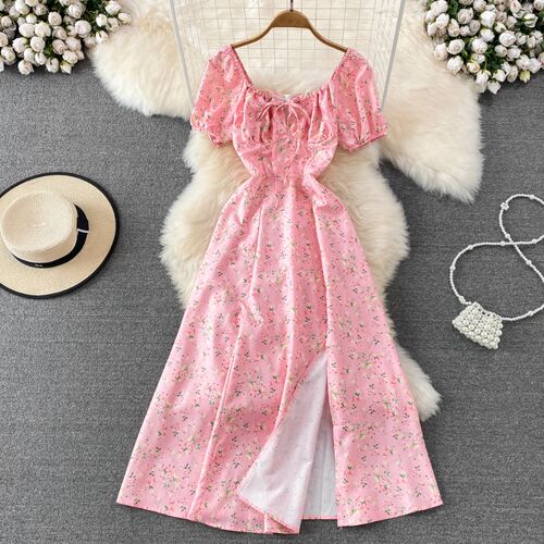 Summer Vintage Dress Blue Floral Summer Bubble Sleeve Tie