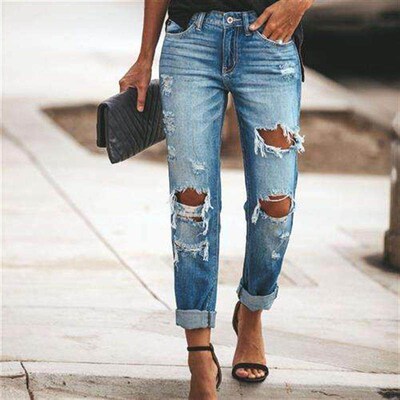 2022 New Women Fashion Mid Waist Boyfriend Big Ripped Hole J
