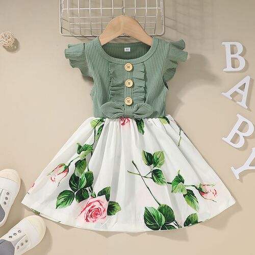 Summer Girls Dress Ins Fashion Puff Sleeve Bow Tie Ribbed Co
