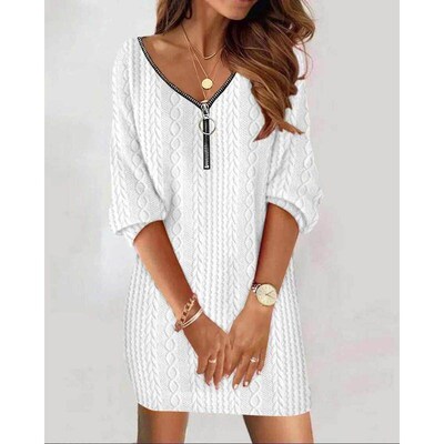 Sexy Zipper Mini Dress Women Winter Autumn V Neck Long Sleev