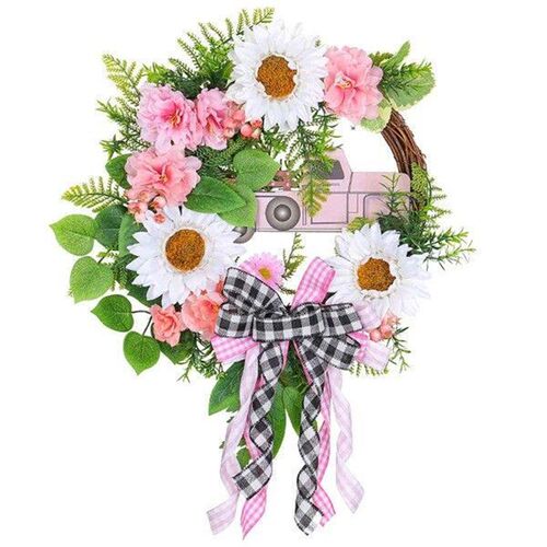 Spring Wreaths for Front Door,Pink Car Sunflower Artificial