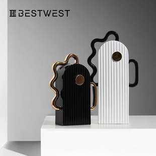 博西家居 黑白不规则陶瓷釉面花瓶摆件ins样板间客厅桌面装饰花器