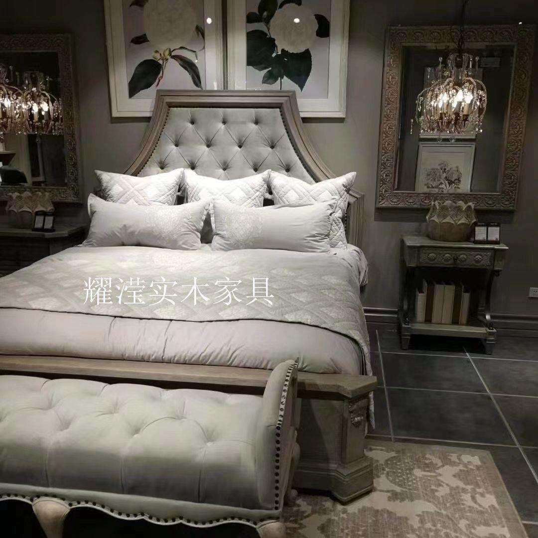 北美建筑复兴卧室实木复古拉扣婚床法式雕花做旧双人床家具