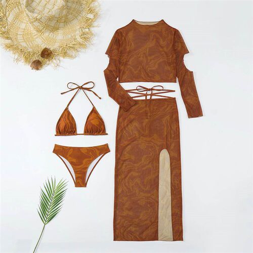 Swimsuit womens bikini long sleeved skirt printed