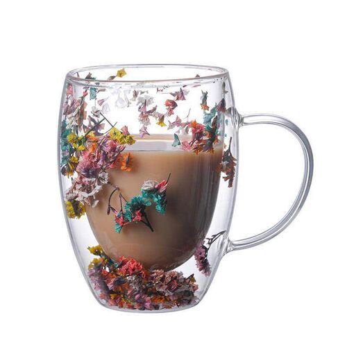 Creative Double Wall Glass Cup Real Flower Conch Flash Fill