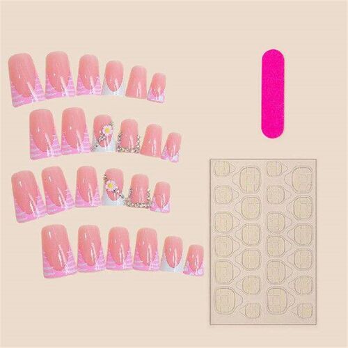 French Pink Long Fake Nails with Rhinestone Durable & Never