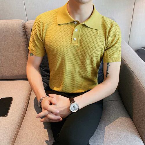 Knitted Polo Shirt Mens Summer Thin Solid Color Wavy Patter