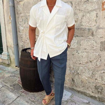 Summer Solid Color Linen Short-sleeved Shirt Suit Lapel Stra