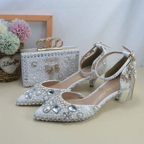White Pearl Wedding Shoes and Bag Sandals Woman Thin Heel