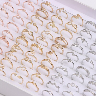 50Pcs/Lot Zircon Opening Adjustable Size Brass Rings for Wom