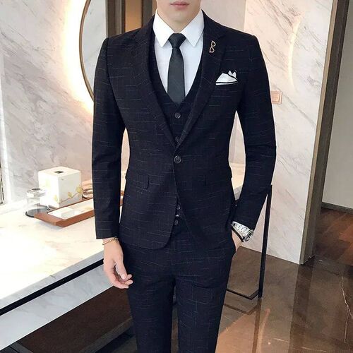 Blue Mens Classic Striped/Checked  Piece Suit Slim Fit
