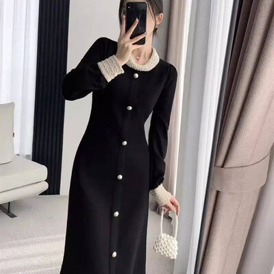 Pearl Black Knit Dress Women Autumn and Winter 2023 New Kore