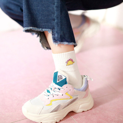 Cute Women Embroidery Dinosaur Cotton Socks white Lovely Car