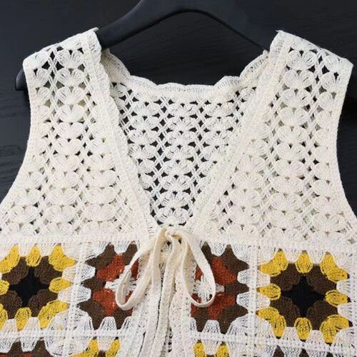 Womens Japanese Knit Crochet Plaid V-Neck Vest Waistcoat Cro