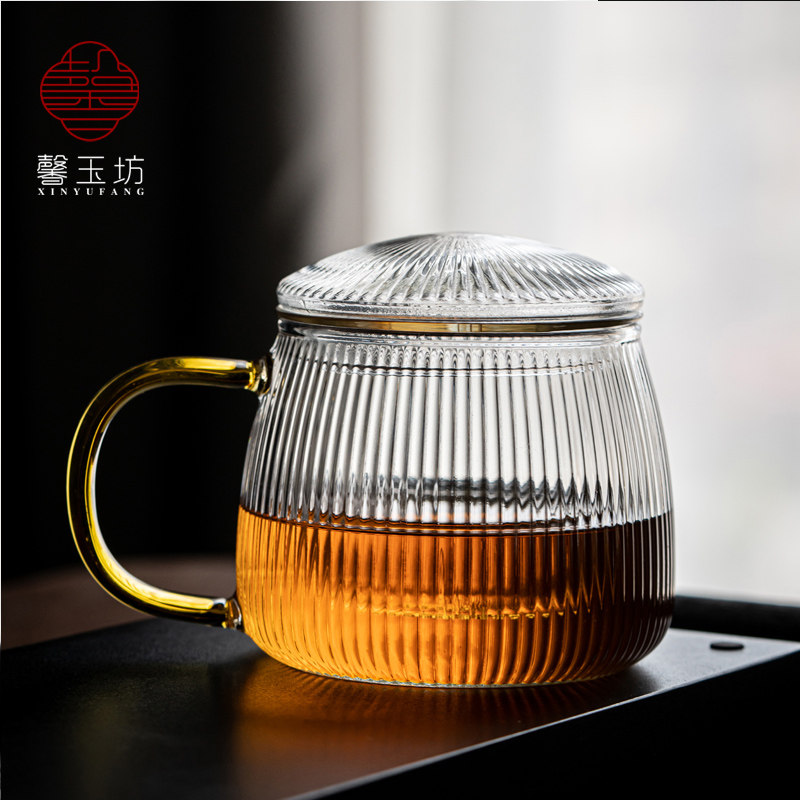 馨玉坊条纹玻璃水杯带盖茶水分离过滤花茶杯带勺耐热防爆带把防烫