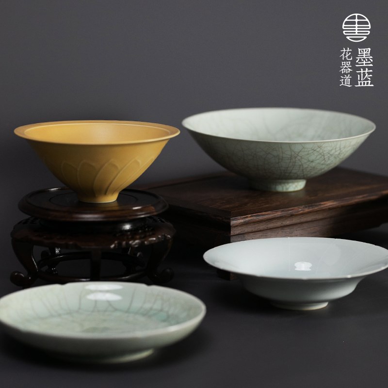 陶瓷古典中式碗型花器桌面插花器皿南宋湖田窑刻花斗笠碗开片古朴