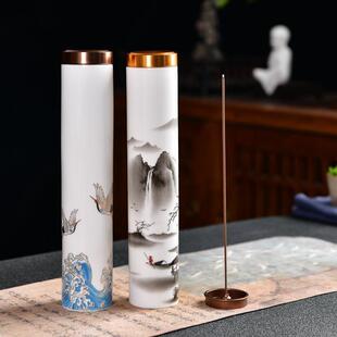 香100克线香筒圆形陶RFY瓷线带盖桶贴花檀香香佛香筒包装筒插筒