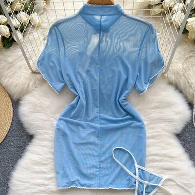 SINGREINY Retro Porno Lingerie Women Night Dress Sheer Butto