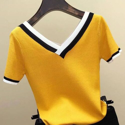 V-Neck Short Sleeve Shirt Women Contrast Color Striped Knitt