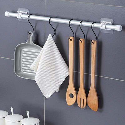 Curtain rod hook, extendable pole, fixed clamp, adhesive, no