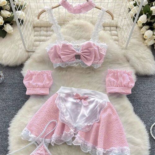 Maidservant Apron Dress Ladies Lace Sweet Erotic Three Piece