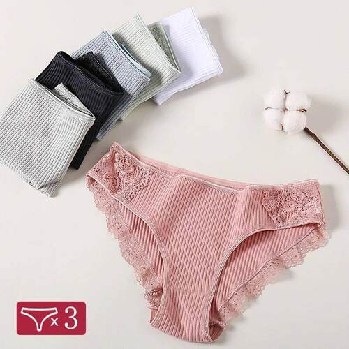 3Pcs/set Womens Cotton Panties M-2XL Women Patchwork Lace U