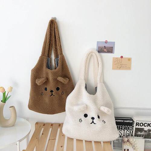 New Winter Soft Plush Tote Bag Women Cartoon Embroidery Imit