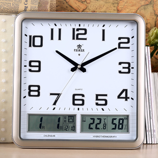 霸王电子钟表静音壁挂钟 客厅带日历温度湿度夜光 家用时尚石英钟