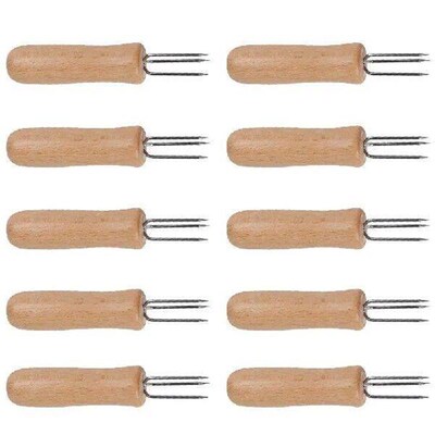 10 Pcs Three Tooth Wooden Handle Forks Stainless Steel Corn