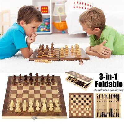 3 in 1 Chess Game Board Folding Storage Wooden Chess Board