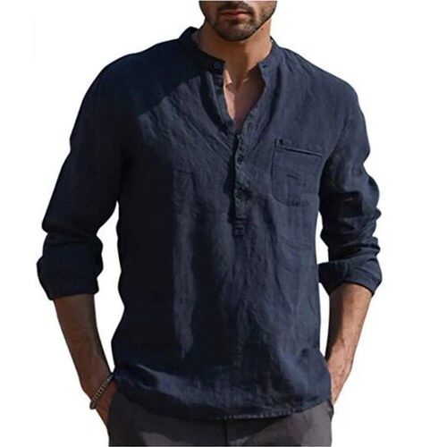 Cotton Linen Hot Sale Mens Long-Sleeved Shirts Summer Solid