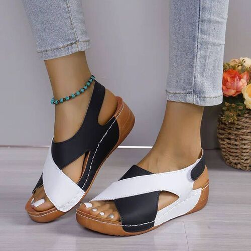 New Womens Contrast Color Wedge Sandals Summer Peep Toe