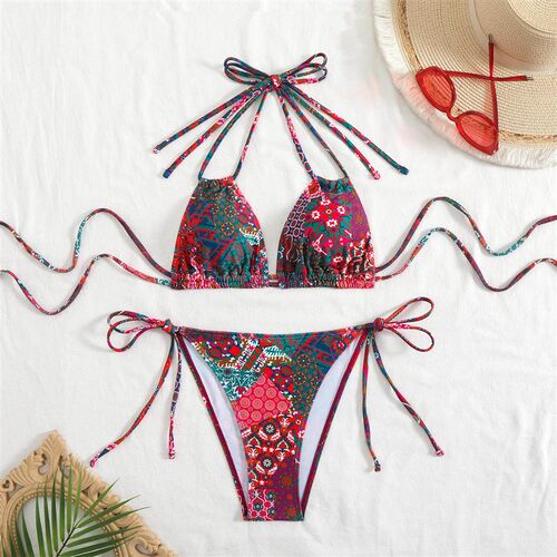 Split swimsuit womens printed double tie backless bikini