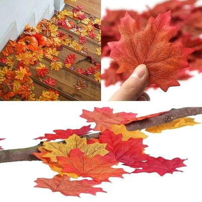 100/200Pcs Artificial Silk Maple Leaf Autumn Fake Leaves Gar