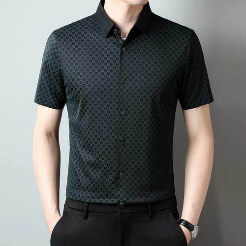 Summer Ice Silk Cool Mens Business Plaid Short-sleeved Shir