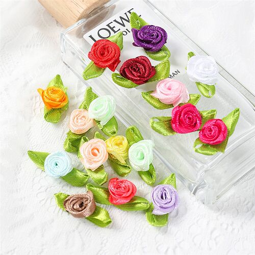 50/100PCS 2CM Mini Ribbon Roses With Leaf Satin Rose Buds Fa
