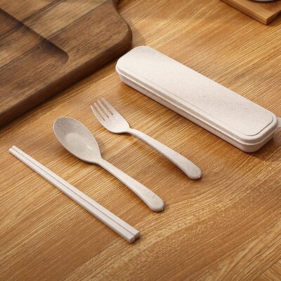 3PCS/Set Spoon Fork Chopsticks Set Wheat Straw Dinnerware Lu