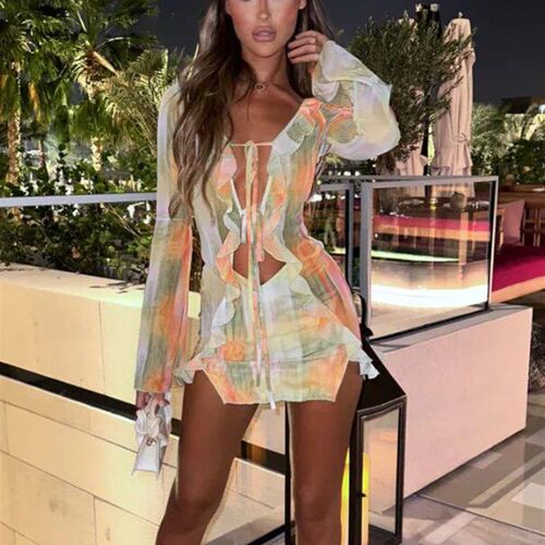 Women Mini Dress Long Sleeve Lacing Tie-dye Print Patchwork
