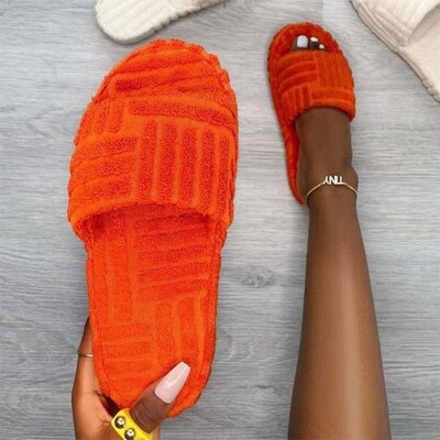 New Women Slippers Flat Furry Ladies Winter Home Shoes Thick