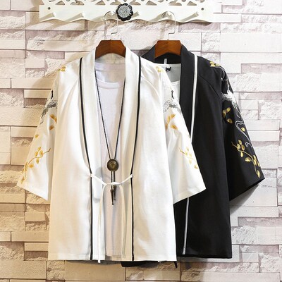 Chinese Style Mens Crane Embroidered Seven-point Sleeve Top