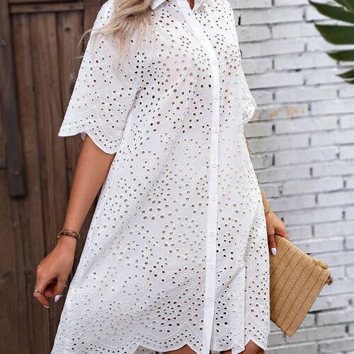 Finjani Eyelet Embroidery Drop Shoulder Dress Womens Button