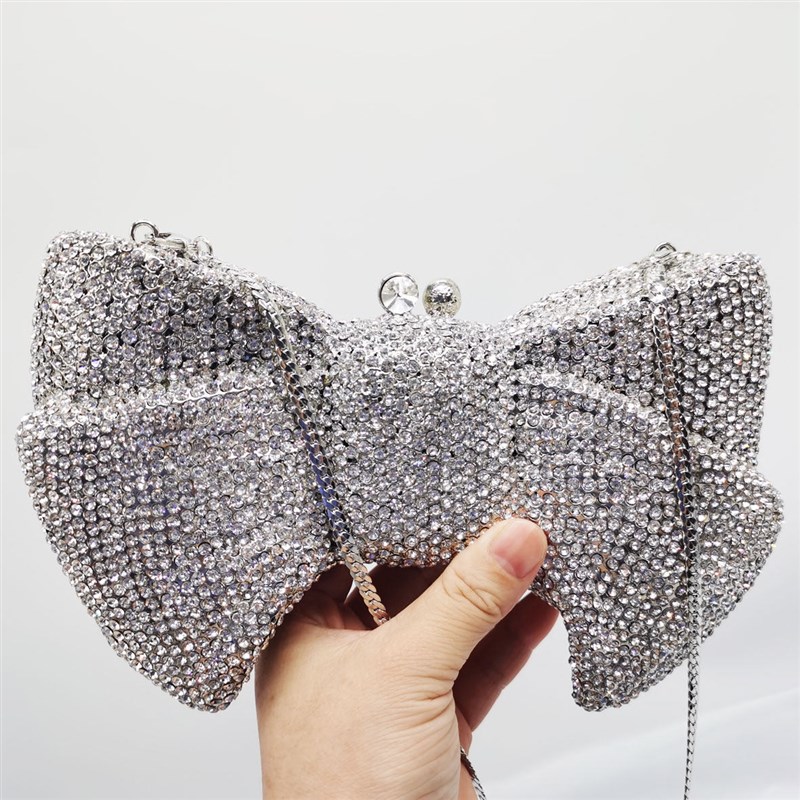 Luxury Novelty Bow Clutch Crystal Evening Bags Silver Bowkno