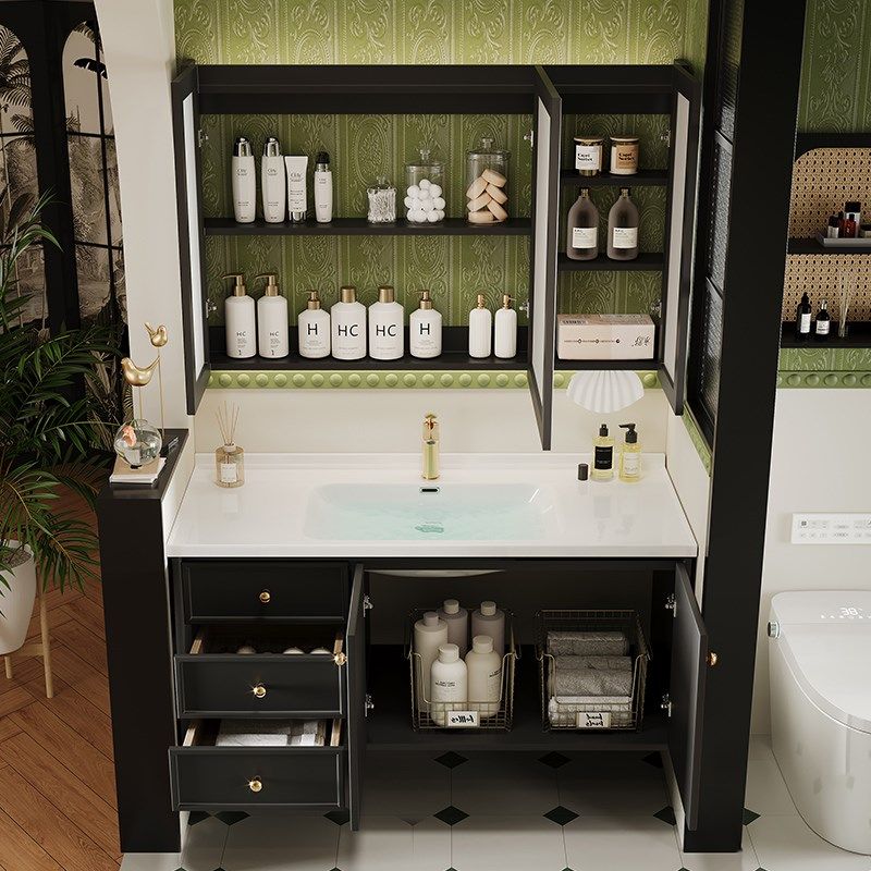 法式浴室柜陶瓷一体盆新款中古风卫生间复古黑洗手盆柜洗漱台