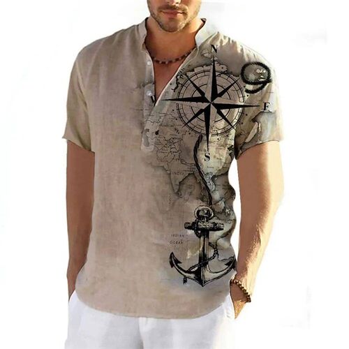 Summer Shirt Mens Henley Short Sleeve ops 3d Compass Graphi