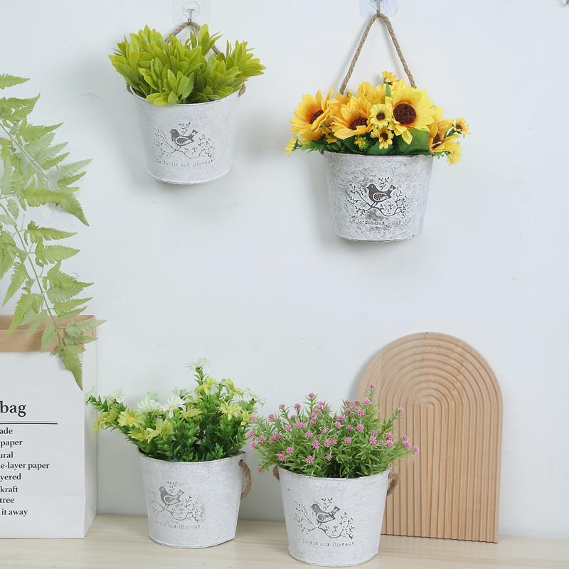 美式田园铁艺壁挂花盆植物盆栽壁挂花器墙面创意装饰干花吊盆